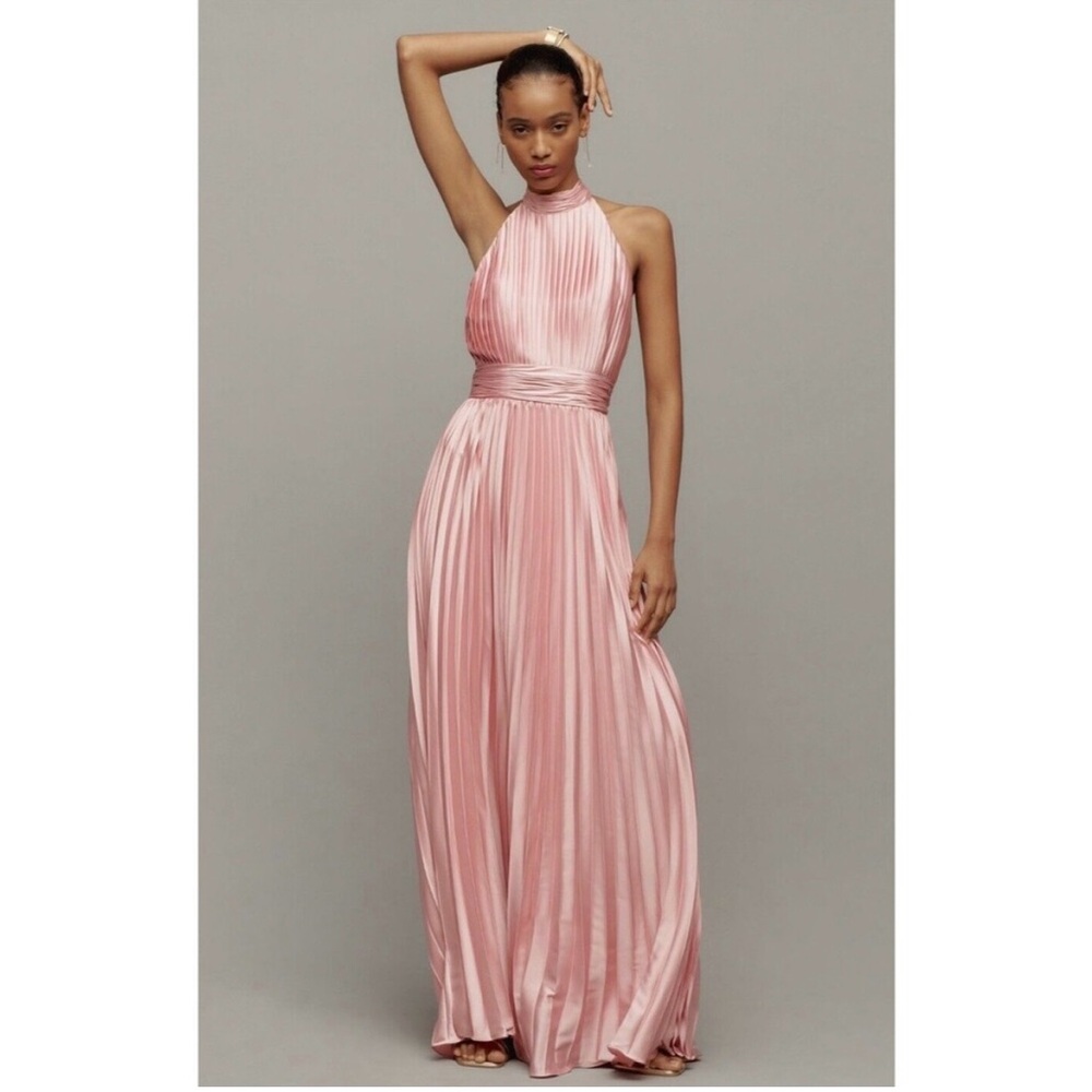 Pink Pleated High Neck Satin Sleeveless Halter Gown